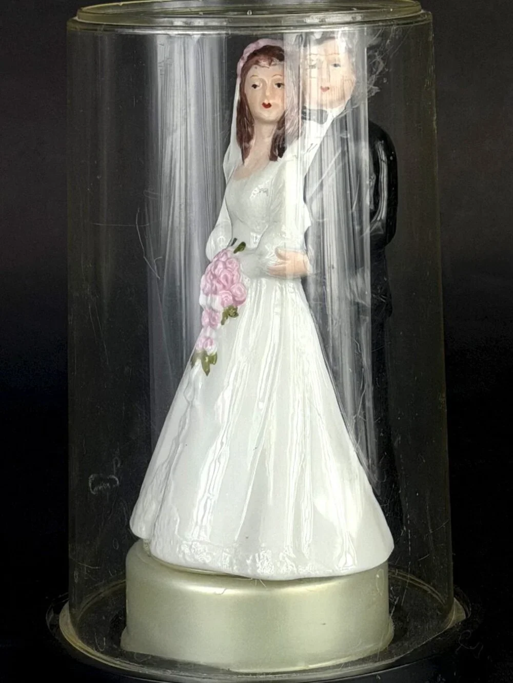 Vintage Porcelain Wedding Cake Topper in Protective Display Dome 1980s